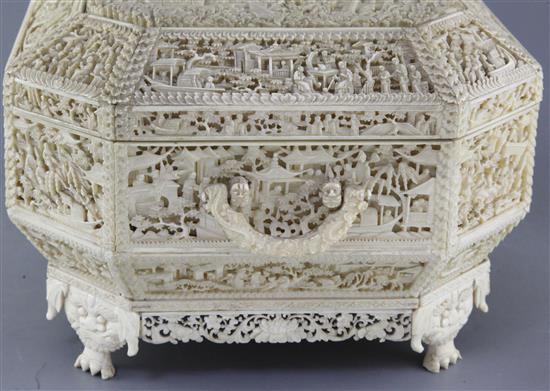 A good and impressive Chinese export ivory sewing casket, 19th century, width 39cm depth 27cm height 18.5cm